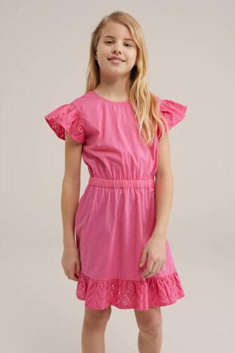 WE Fashion rozee jurk shrimp Meisjes Katoen Ronde hals Effen 110 116