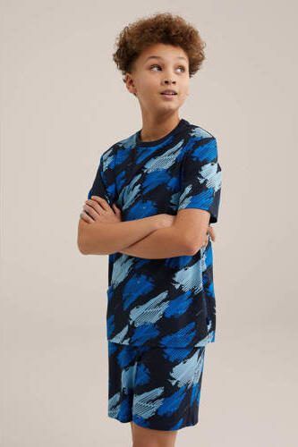 WE Fashion shortama met all over print blauw Jongens Stretchkatoen Ronde hals 110 116 - Foto 3