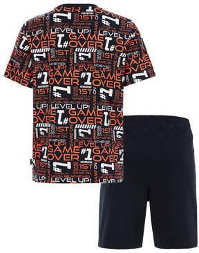 WE Fashion shortama met all over print donkerblauw oranje Jongens Stretchkatoen Ronde hals 134 140