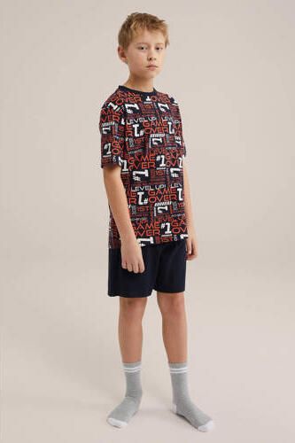 WE Fashion shortama met all over print donkerblauw oranje Jongens Stretchkatoen Ronde hals 134 140 - Foto 3