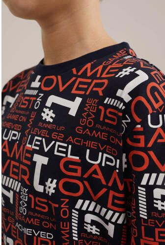 WE Fashion shortama met all over print donkerblauw oranje Jongens Stretchkatoen Ronde hals 134 140 - Foto 2
