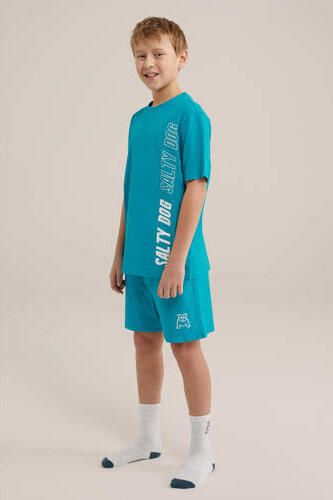 WE Fashion shortama met tekst blauw Jongens Stretchkatoen Ronde hals Tekst 110 116 - Foto 2