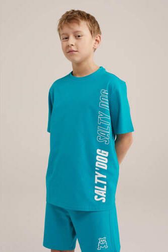 WE Fashion shortama met tekst blauw Jongens Stretchkatoen Ronde hals Tekst 110 116 - Foto 3