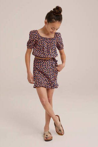 WE Fashion skort met all over print donkerblauw roze Rok Multi Meisjes Viscose 122 128 - Foto 3