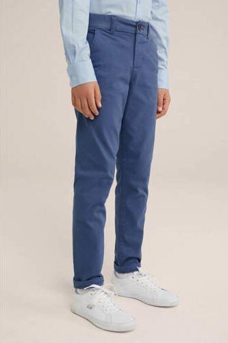 WE Fashion slim fit broek met all over print middenblauw Jongens Katoen 104