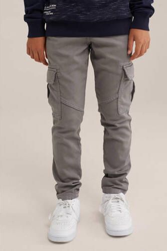 WE Fashion slim fit cargobroek Grijs Jongens Stretchkatoen Ruit 110 - Foto 3