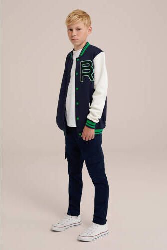 WE Fashion slim fit cargobroek royal navy Jongens Stretchkatoen Effen 116