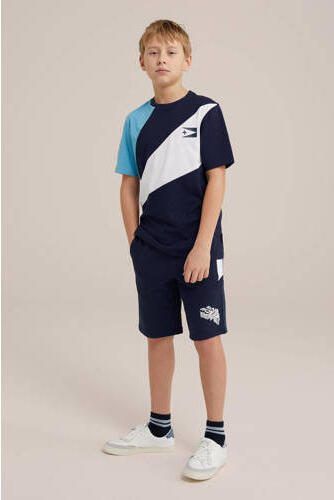 WE Fashion slim fit sweatshort donkerblauw Effen 104 - Foto 2