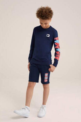 WE Fashion slim fit sweatshort met printopdruk donkerblauw Printopdruk 104 - Foto 3