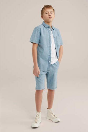 WE Fashion straight fit denim short chambray Korte broek Blauw Jongens Katoen 104 - Foto 3
