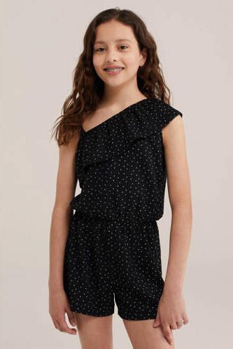 WE Fashion straight leg playsuit met stippen zwart Meisjes Polyester Off shoulder
