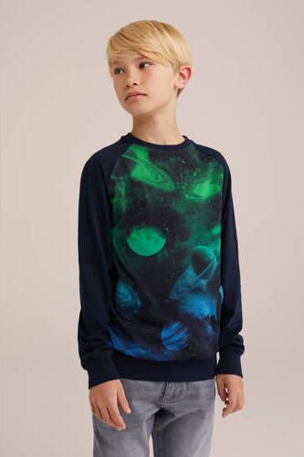 WE Fashion sweater donkerblauw Trui Jongens Katoen Ronde hals Printopdruk 170 176