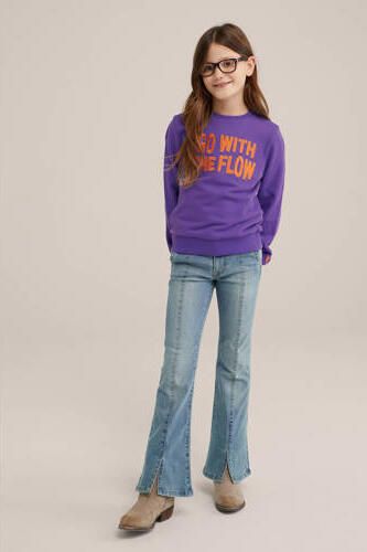 WE Fashion sweater donkerpaars Trui Meisjes Katoen Ronde hals Tekst 110 116