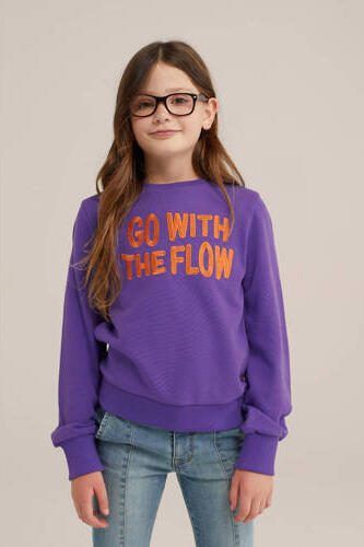 WE Fashion sweater donkerpaars Trui Meisjes Katoen Ronde hals Tekst 110 116 - Foto 3