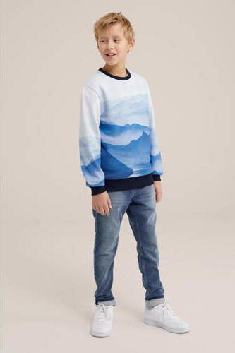WE Fashion sweater met all over print blauw wit All over print 110 116 - Foto 3