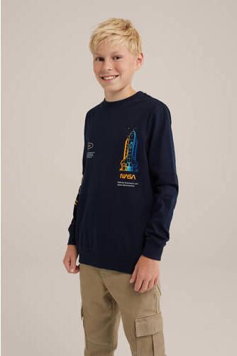 WE Fashion sweater met printopdruk donkerblauw Printopdruk 158 164