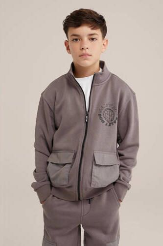 WE Fashion sweatvest grijs Jongens Katoen Opstaande kraag Effen 110 116