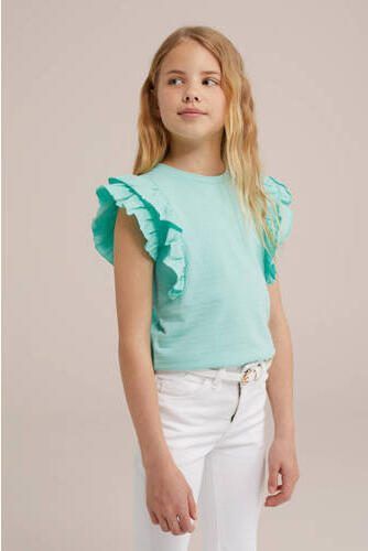 WE Fashion T-shirt aquablauw Meisjes Stretchkatoen Ronde hals Effen 122 128 - Foto 3