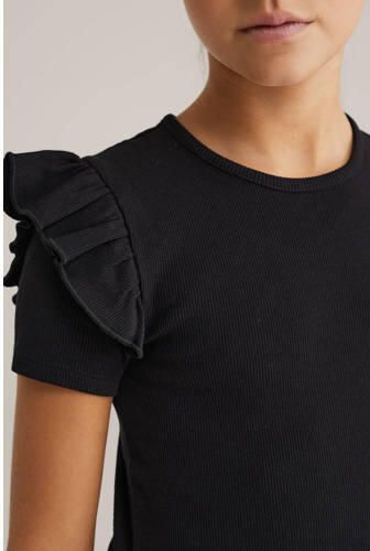 WE Fashion T-shirt black uni Zwart Meisjes Stretchkatoen Ronde hals Effen 110 116 - Foto 4