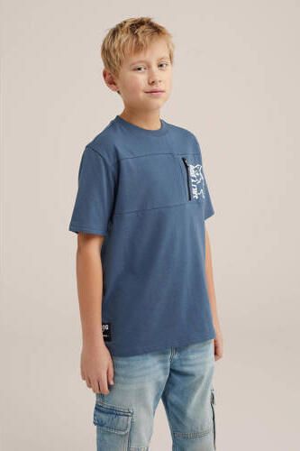 WE Fashion T-shirt blauw Jongens Katoen Ronde hals Effen 122 128 - Foto 3