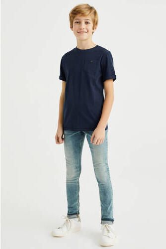WE Fashion T-shirt donkerblauw Jongens Sweat Ronde hals Effen 110 116 - Foto 4