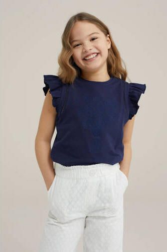 WE Fashion T-shirt donkerblauw Meisjes Stretchkatoen Ronde hals Effen 122 128
