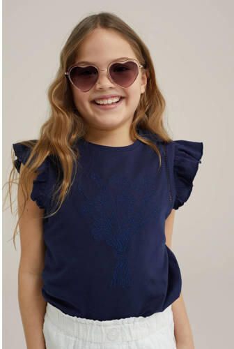 WE Fashion T-shirt donkerblauw Meisjes Stretchkatoen Ronde hals Effen 122 128 - Foto 3