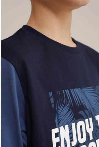 WE Fashion t-shirt donkerblauw blauw wit Jongens Katoen Ronde hals Printopdruk 110 116 - Foto 2