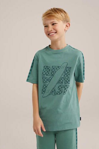 WE Fashion t-shirt groen donkergroen Jongens Katoen Ronde hals Printopdruk 110 116 - Foto 3
