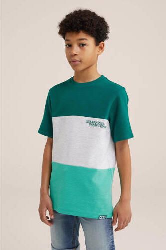 WE Fashion T-shirt groen wit Jongens Biologisch katoen Ronde hals Meerkleurig 98 104 - Foto 3