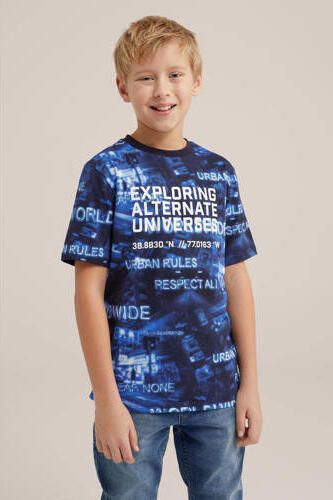 WE Fashion T-shirt met all over print blauw Jongens Katoen Ronde hals All over print 110 116