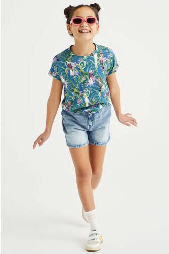 WE Fashion T-shirt met all over print blauw Meisjes Katoen Ronde hals All over print 110 116