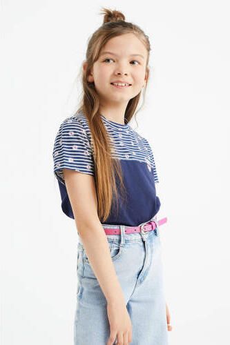 WE Fashion T-shirt met all over print donkerblauw Meisjes Stretchkatoen Ronde hals 110 116 - Foto 3