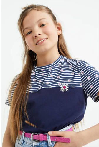 WE Fashion T-shirt met all over print donkerblauw Meisjes Stretchkatoen Ronde hals 110 116 - Foto 2