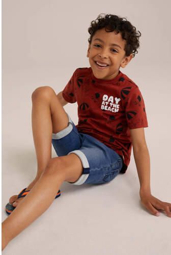 WE Fashion T-shirt met all over print donkerrood Jongens Katoen Ronde hals 122 128 - Foto 2