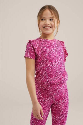 WE Fashion T-shirt met all over print en ruches roze Meisjes Viscose Ronde hals 110 116 - Foto 3