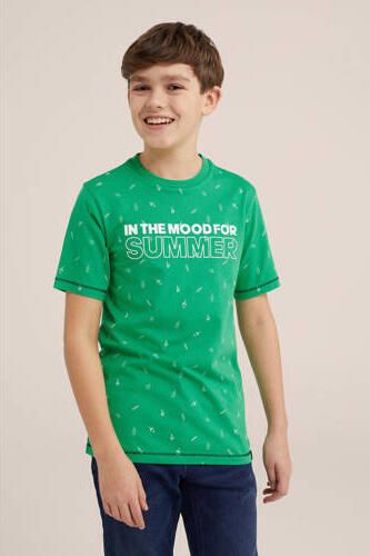 WE Fashion T-shirt met all over print groen wit Jongens Katoen Ronde hals 110 116 - Foto 3