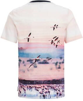 WE Fashion T-shirt met all over print wit roze donkerblauw Multi Jongens Katoen Ronde hals 110 116