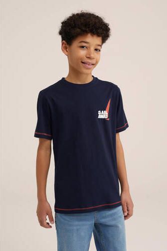 WE Fashion T-shirt met backprint donkerblauw Jongens Katoen Ronde hals 110 116