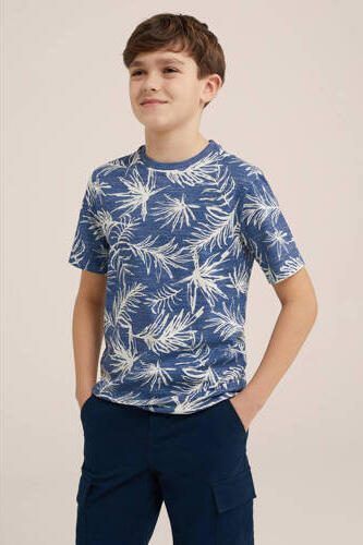 WE Fashion T-shirt met bladprint blauw Jongens Katoen Ronde hals Blad 110 116 - Foto 3