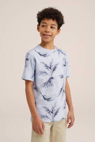 WE Fashion T-shirt met bladprint lichtgrijs blauw Jongens Katoen Ronde hals 110 116