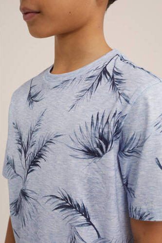 WE Fashion T-shirt met bladprint lichtgrijs blauw Jongens Katoen Ronde hals 110 116 - Foto 3