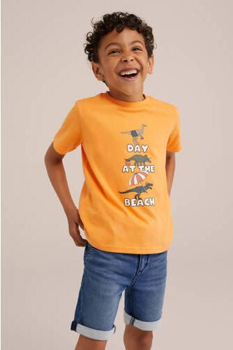 WE Fashion T-shirt met printopdruk abrikoos Geel Jongens Katoen Ronde hals 122 128 - Foto 2
