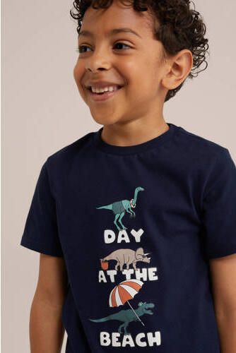 WE Fashion T-shirt met printopdruk donkerblauw Jongens Katoen Ronde hals 122 128 - Foto 2