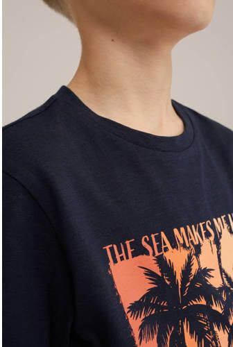 WE Fashion T-shirt met printopdruk donkerblauw Jongens Katoen Ronde hals 158 164 - Foto 2