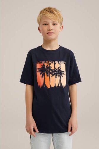 WE Fashion T-shirt met printopdruk donkerblauw Jongens Katoen Ronde hals 158 164 - Foto 3