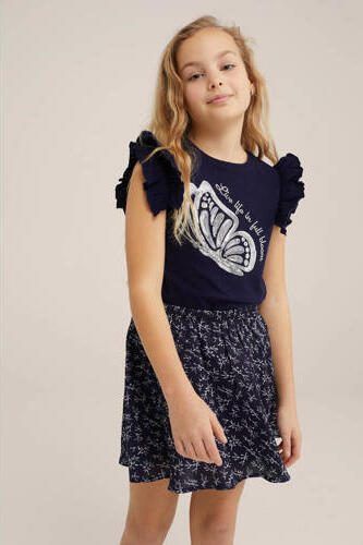 WE Fashion T-shirt met printopdruk donkerblauw Meisjes Katoen Ronde hals 122 128 - Foto 2