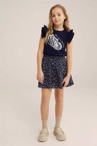 WE Fashion T-shirt met printopdruk donkerblauw Meisjes Katoen Ronde hals 122 128 - Foto 3