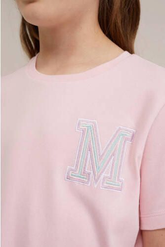 WE Fashion T-shirt met printopdruk en borduursels lichtroze Meisjes Katoen Ronde hals 146 152