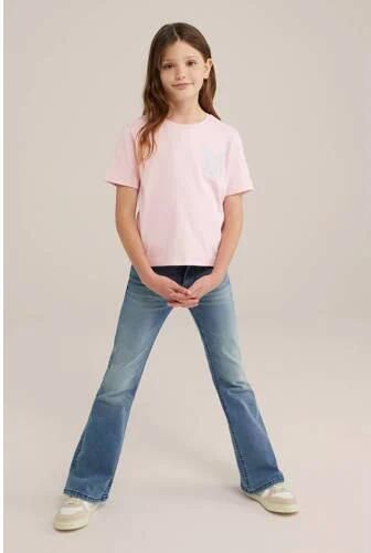 WE Fashion T-shirt met printopdruk en borduursels lichtroze Meisjes Katoen Ronde hals 146 152 - Foto 2
